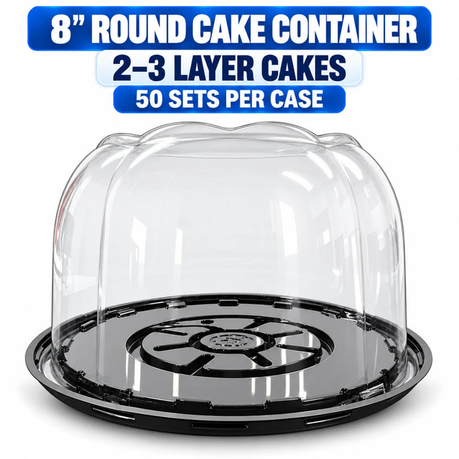 8" Black Round Plastic Cake Container with Clear Dome Lid – 2-3 Layer, 50/Case