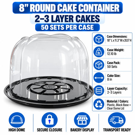 8" Black Round Plastic Cake Container with Clear Dome Lid – 2-3 Layer, 50/Case