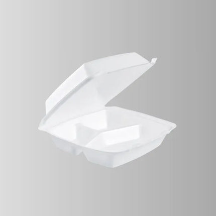Dart 85HT3R White Foam Hinged Lid Container 8 3/8" x 7 7/8" x 2 7/8" - 3 Compartment – 200/Case