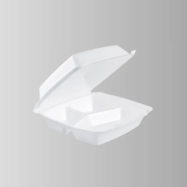 Dart 85HT3R White Foam Hinged Lid Container 8 3/8" x 7 7/8" x 2 7/8" - 3 Compartment – 200/Case
