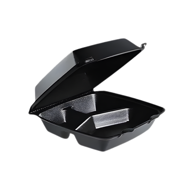 Dart 85HT3BR Black Foam Hinged Lid Container 9" x 9" x 3" - 3 Compartment – 200/Case