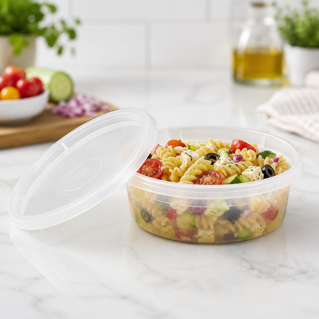 A clear plastic round food storage container with a matching lid, filled with a pasta salad, set on a white marble countertop with a blurred kitchen background.