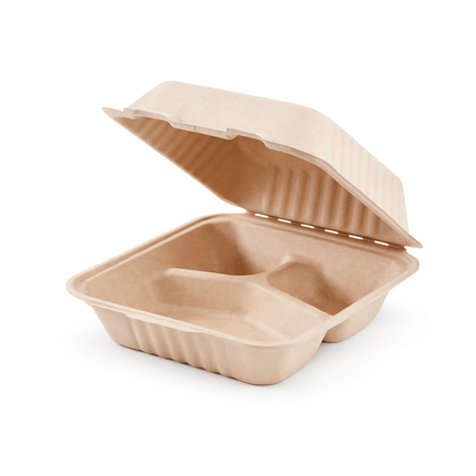 Bagasse Clamshell Take-out Container 8" x 8" x 3" - 3 Compartment 200/Case