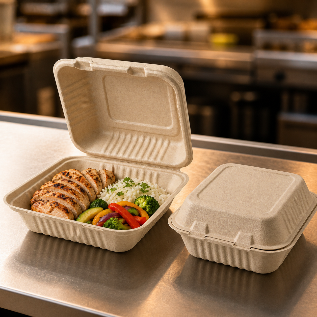 Natural bagasse clamshell takeout container for restaurants and food trucks