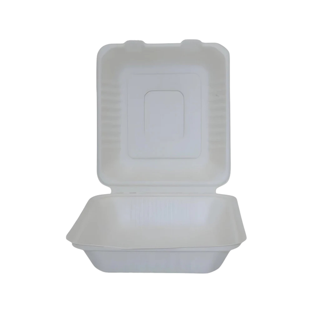 Bagasse Clamshell Take-out Container 8" x 8" x 3" - 1 Compartment 200/Case