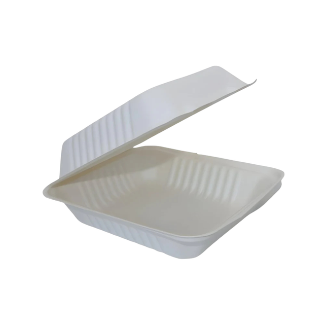 Bagasse Clamshell Take-out Container 8" x 8" x 3" - 1 Compartment 200/Case
