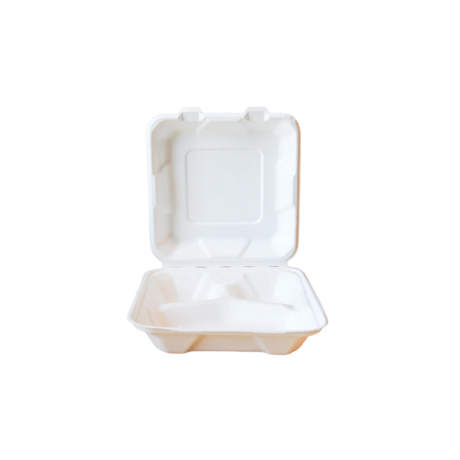 Bagasse Clamshell Take-out Container 8" x 8" x 3" - 3 Compartment 200/Case