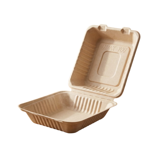 Bagasse Clamshell Take-out Container 8" x 8" x 3" - 1 Compartment 200/Case