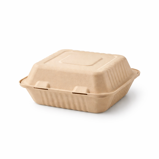 Bagasse Clamshell Take-out Container 8" x 8" x 3" - 1 Compartment 200/Case