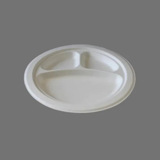 9" 3 Compartment Compostable Bagasse Plate – 500/Case
