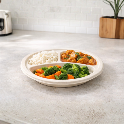 Compostable Bagasse Plate 9" - 3 Compartment 500/Case