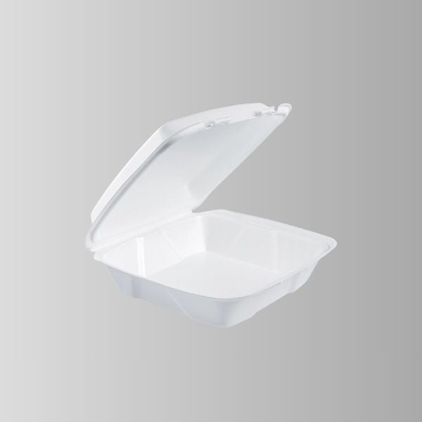 Dart 90HT1R White Foam Hinged Lid Container 9" x 9" x 3" - 1 Compartment – 200/Case