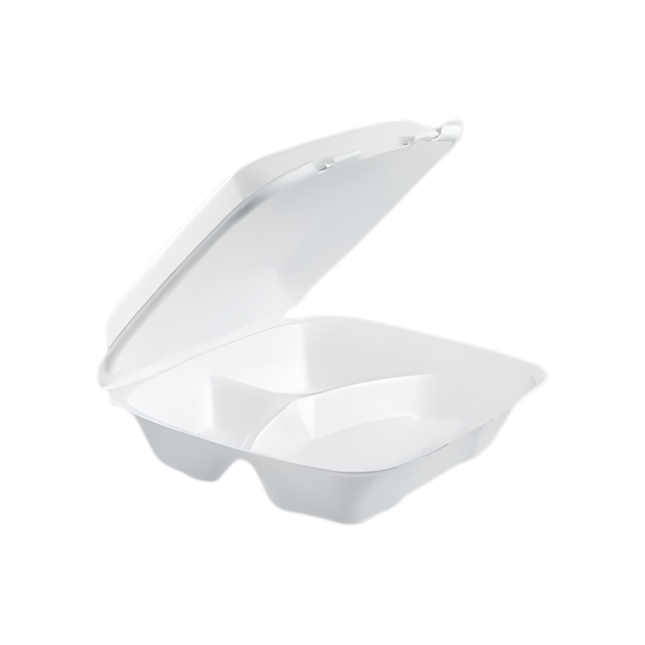 Dart 90HT3R White Foam Hinged Lid Container 9" x 9" x 3" - 3 Compartment – 200/Case