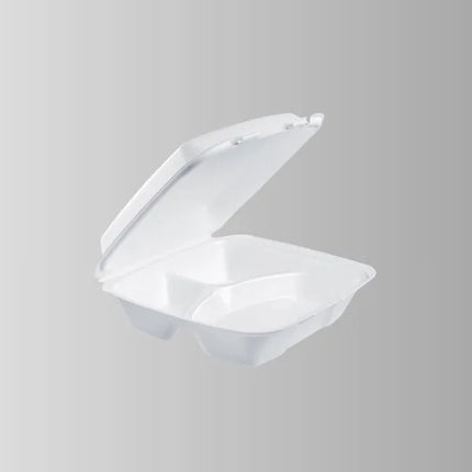 Dart 90HT3R White Foam Hinged Lid Container 9" x 9" x 3" - 3 Compartment – 200/Case