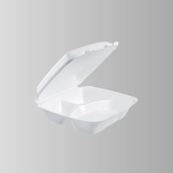 Dart 90HT3R White Foam Hinged Lid Container 9" x 9" x 3" - 3 Compartment – 200/Case