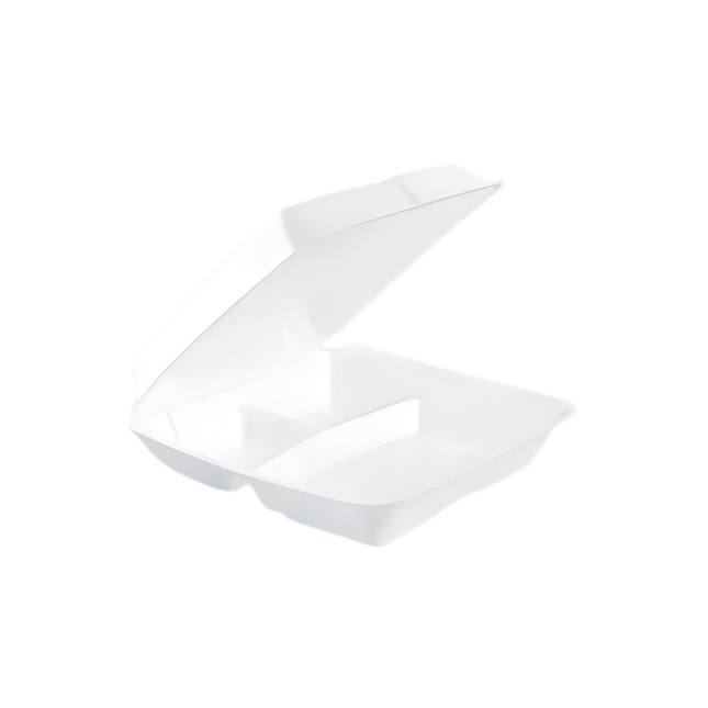 Dart 95HT3R White Foam Hinged Lid Container 9.25" x 9.5" x 3" - 3 Compartment – 200/Case