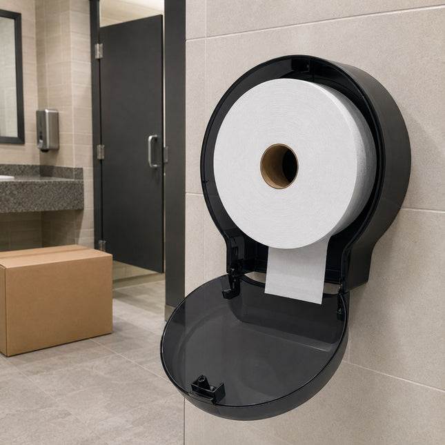 A black wall-mounted toilet paper dispenser holding a roll of white toilet paper, installed on a beige tiled bathroom wall with a sink and door visible in the background.