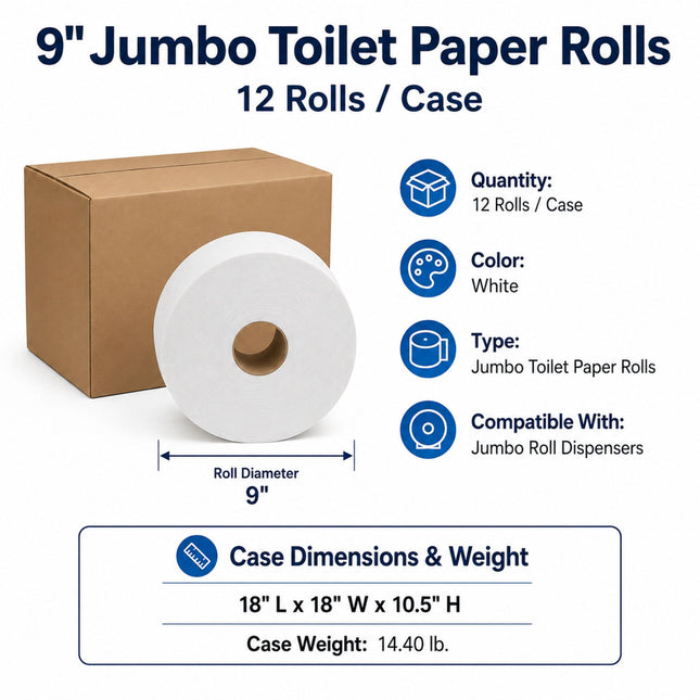 A 9-inch jumbo toilet paper roll shown next to a brown cardboard case on a white background, with text listing quantity, color, type, and compatibility. Case dimensions and weight are also shown in a box at the bottom.