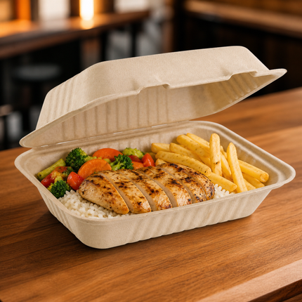 Rise Up 9" x 6" Natural Bagasse Take-Out Container - 200/Case