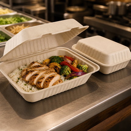 Rise Up 9" x 6" Natural Bagasse Take-Out Container - 200/Case