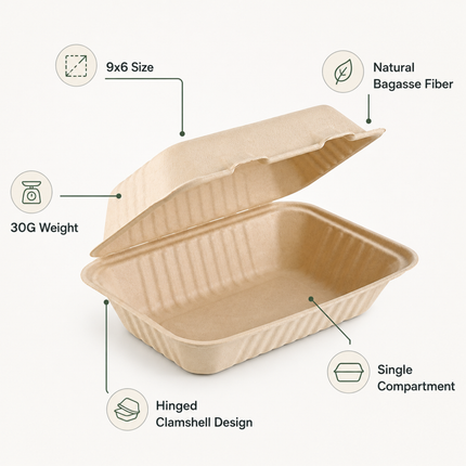 Rise Up 9" x 6" Natural Bagasse Take-Out Container - 200/Case
