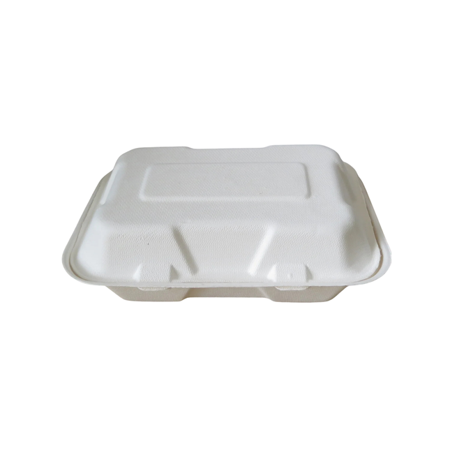 Bagasse Clamshell Take-out Container 9" x 6" x 3" - 1 Compartment 250/Case