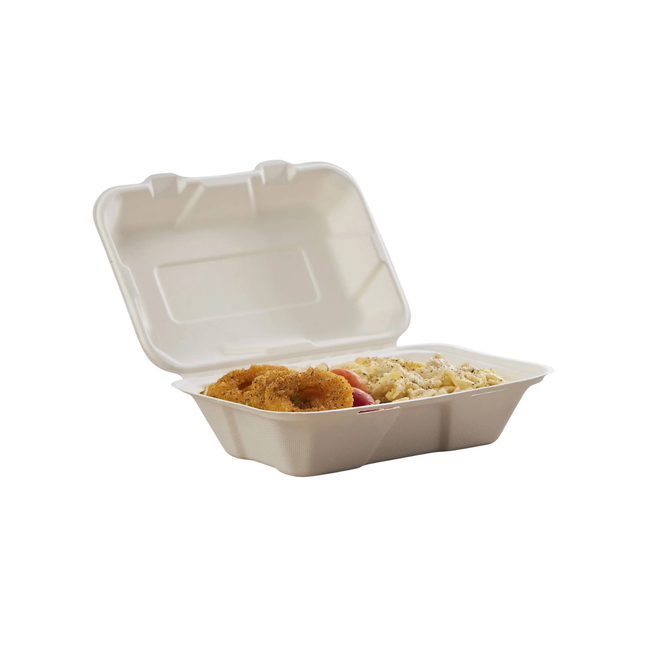Bagasse Clamshell Take-out Container 9" x 6" x 3" - 1 Compartment 250/Case