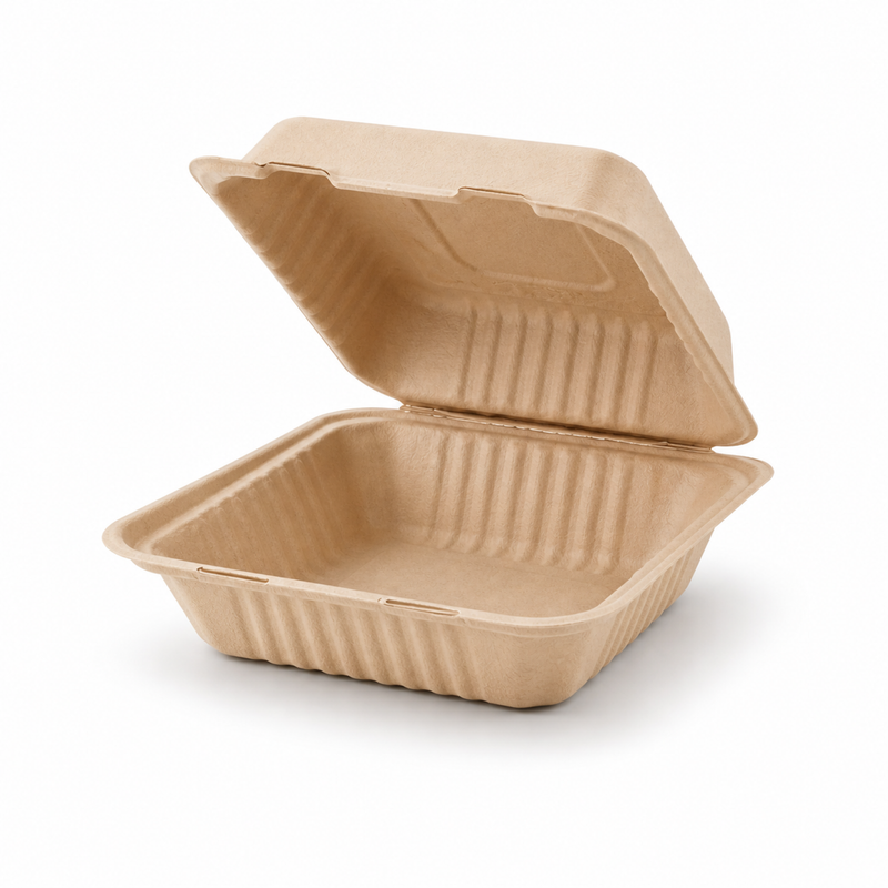 Rise Up 9" x 9" Natural Bagasse 1-Compartment Clamshell Container - 200/Case