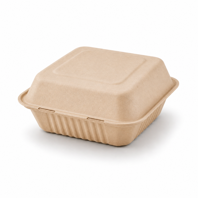 Rise Up 9" x 9" Natural Bagasse 1-Compartment Clamshell Container - 200/Case