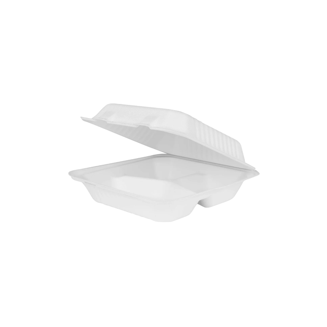 Bagasse Clamshell Take-out Container 9" x 9" x 3" - 3 Compartment 200/Case