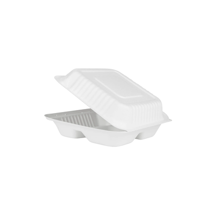 Bagasse Clamshell Take-out Container 9" x 9" x 3" - 3 Compartment 200/Case