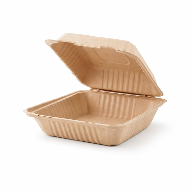 Bagasse Clamshell Take-out Container 9" x 9" x 3" - 1 Compartment 200/Case