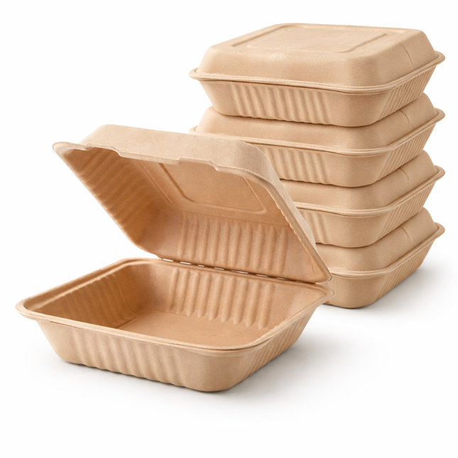 Bagasse Clamshell Take-out Container 9" x 9" x 3" - 1 Compartment 200/Case