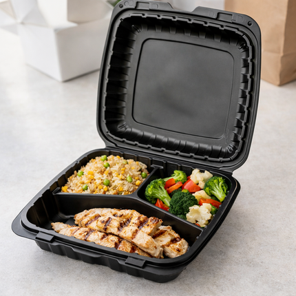 MFPP Black Hinged Container 3 Compartment 8x8 150/Case