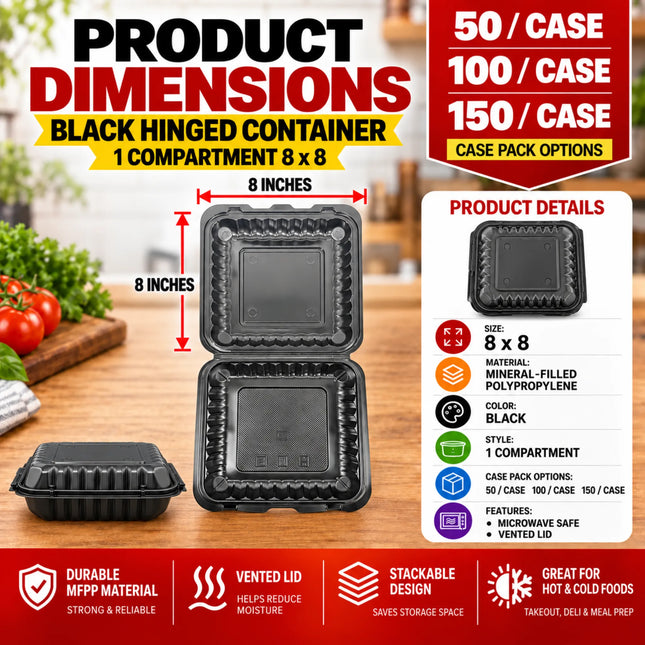 Black Hinged Container (Mineral-Filled Polypropylene) 1 Compartment 8x8