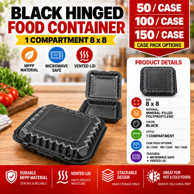 Black Hinged Container (Mineral-Filled Polypropylene) 1 Compartment 8x8