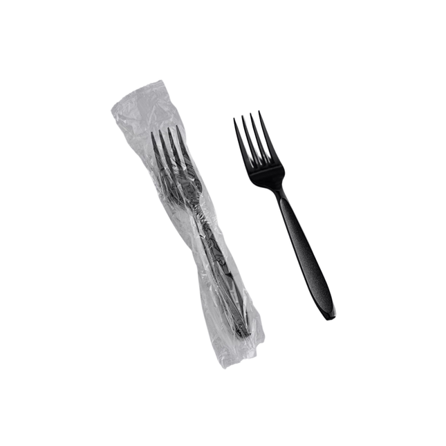 Medium Weight Black Plastic Fork, Individually Wrapped - 1000/Case
