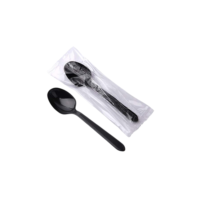 Medium Weight Black Plastic Tea Spoon, Individually Wrapped - 1000/Case