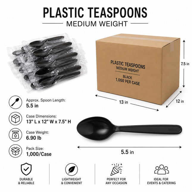 Black plastic tea spoons shown with a product box, dimensions, and feature icons on a white background. The image includes a pack of spoons in clear plastic wrapping, a single spoon, and a brown cardboard case labeled for medium weight black tea spoons.