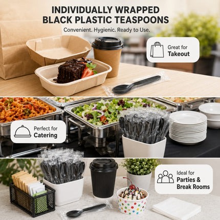 A promotional collage showing individually wrapped black plastic teaspoons used in catering and takeout settings. The image includes text callouts for Takeout, Catering, Parties, and Break Rooms, with photos of tea spoon packs, paper trays, coffee cups, and food stations on tables.