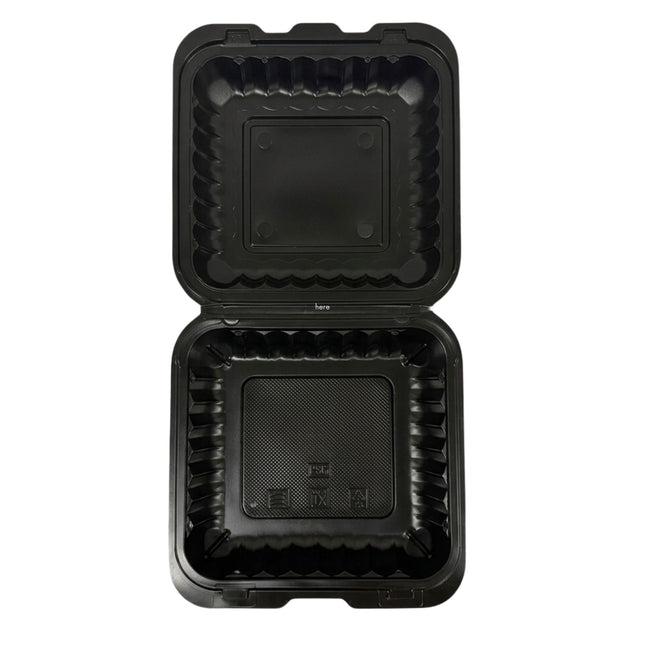 An open black plastic square food container with a hinged lid, shown from a top-down view on a plain white background.