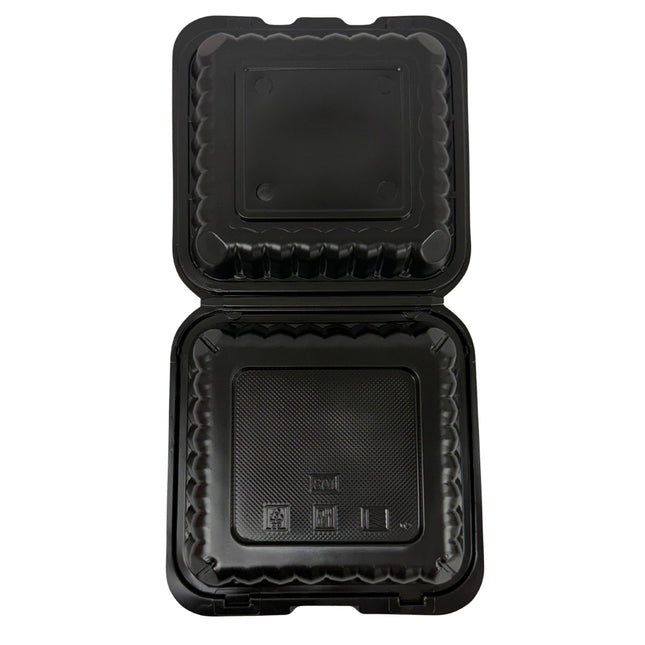 A black plastic clamshell food container shown open against a plain white background.