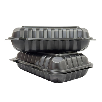 Black Hinged Container (Mineral-Filled Polypropylene) 1 Compartment 9x6 back side stacked
