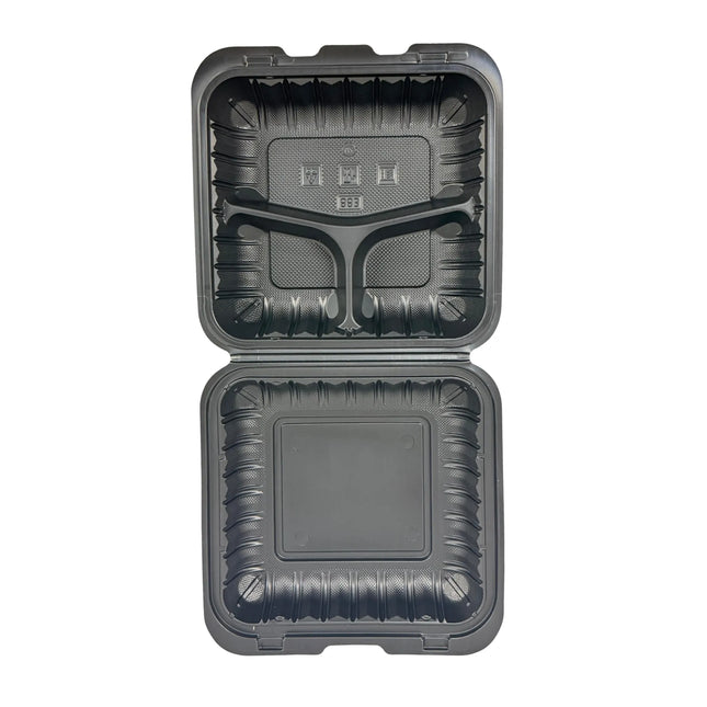 A dark gray reusable plastic food container shown open, displaying both the top lid with molded compartments and the bottom tray on a plain white background.