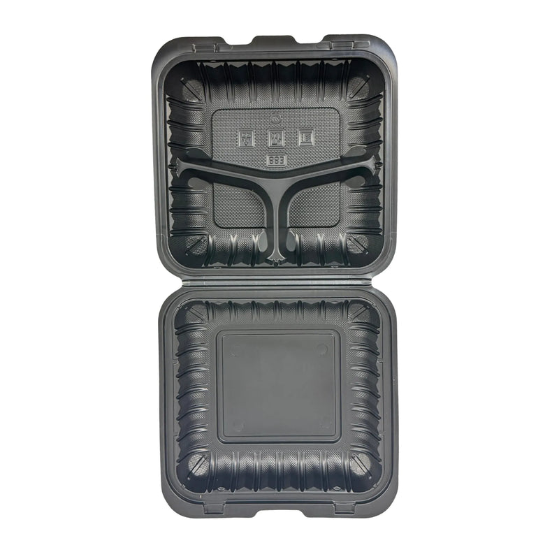 Black Hinged Container (Mineral-Filled Polypropylene) 3 Compartment 8x8 - 50/Case
