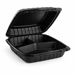 MFPP Black Hinged Container 3 Compartment 9" x 9" Microwaveable Takeout Container