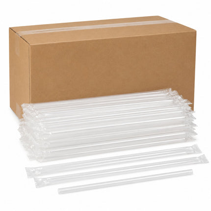 A bulk pack of clear plastic straws with their individual wrappers, displayed in front of a brown cardboard shipping box on a white background.