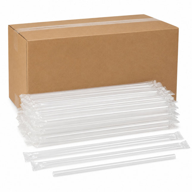 A bulk pack of clear plastic straws with their individual wrappers, displayed in front of a brown cardboard shipping box on a white background.
