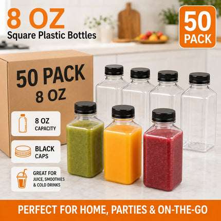 8 oz Square Clear PET Juice Bottle with Lid - 50/Case