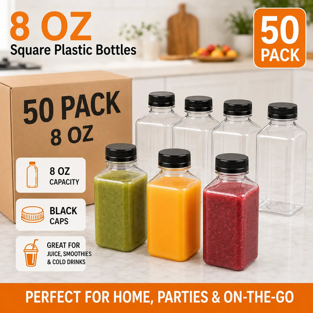 8 oz Square Clear PET Juice Bottle with Lid - 50/Case